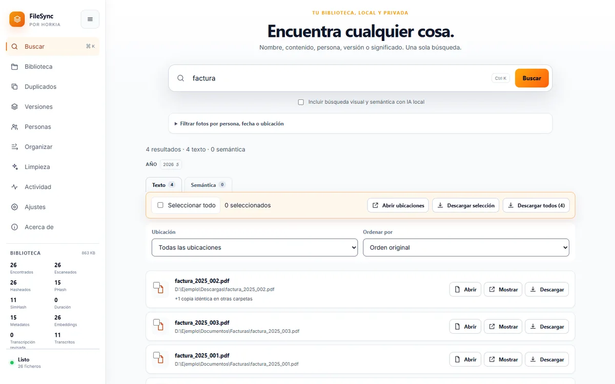 Pantalla de búsqueda de FileSync con el término factura y cuatro resultados de texto en una biblioteca de demostración