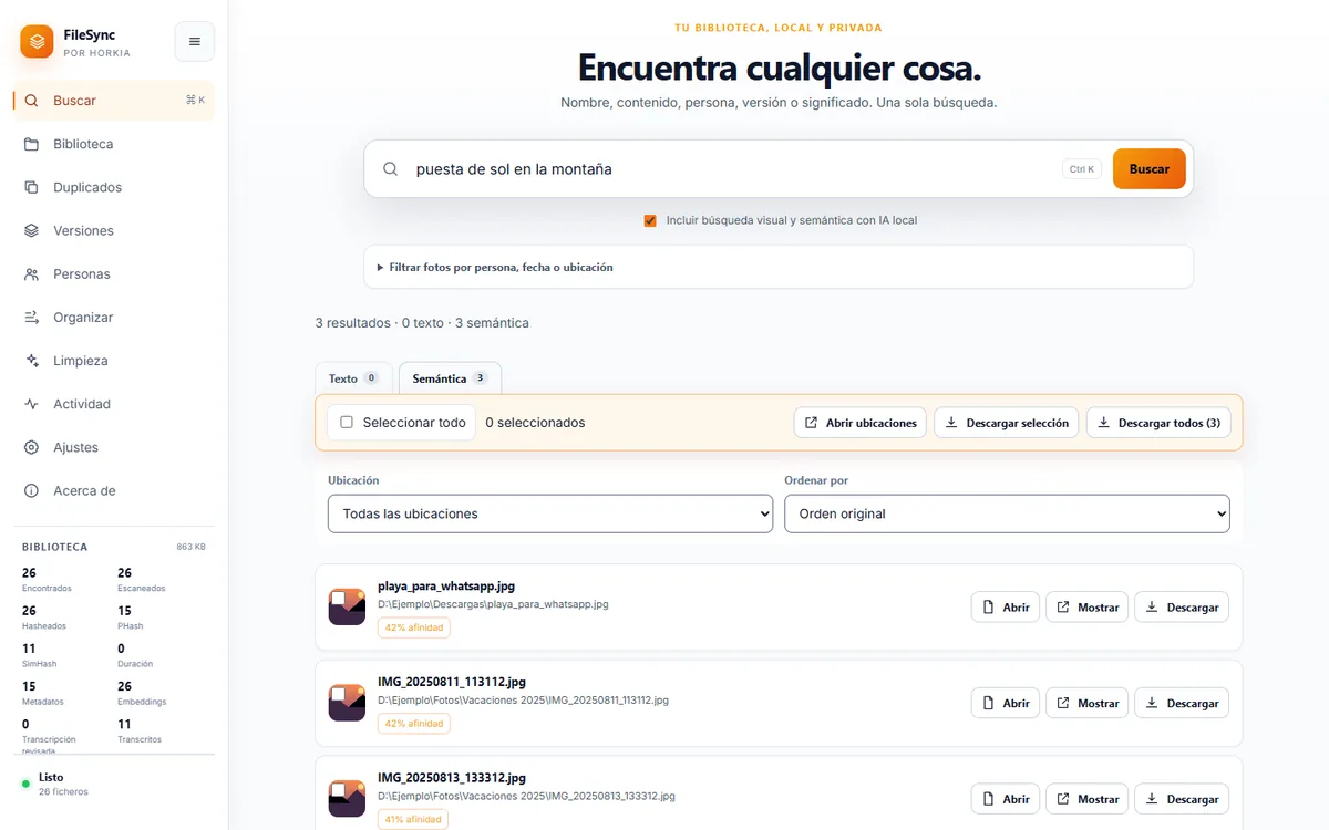Búsqueda por significado en FileSync: la consulta puesta de sol en la montaña devuelve fotos con su porcentaje de afinidad