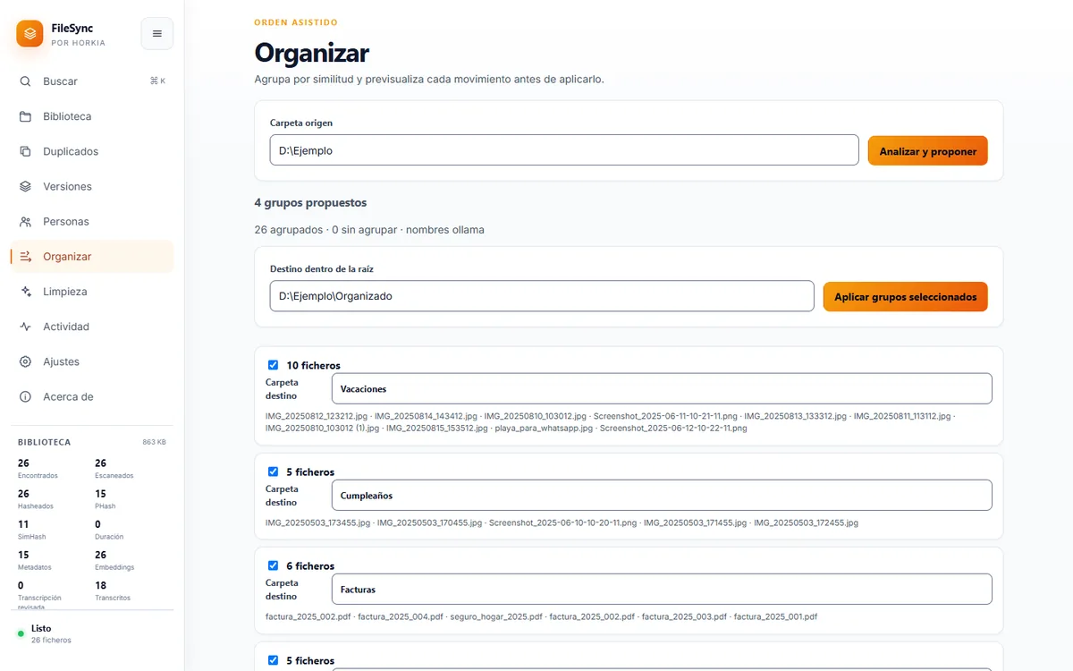 Asistente Organizar de FileSync proponiendo grupos de carpetas destino para fotos y facturas antes de aplicar ningún movimiento