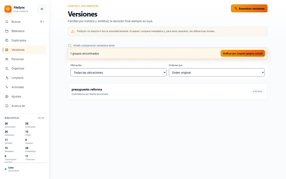 Pantalla de versiones de FileSync con un grupo de tres ficheros del presupuesto de una reforma detectados por familia de nombre