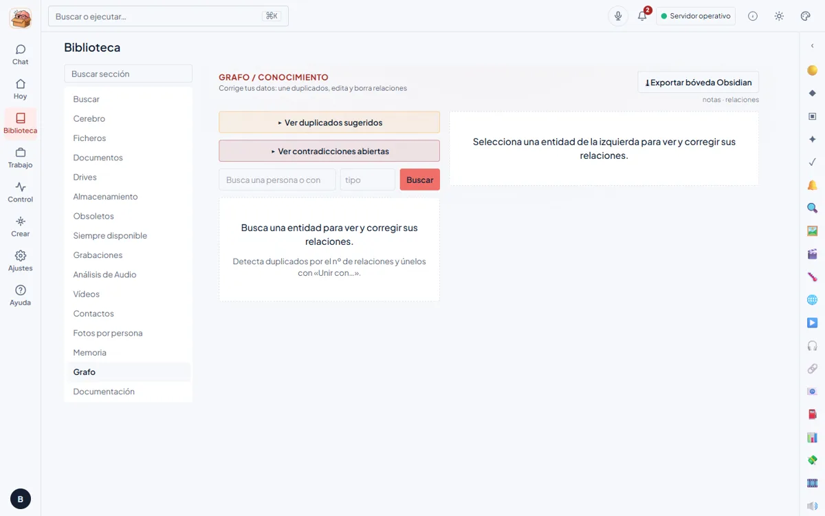 Pantalla del grafo de conocimiento del asistente operativo IA con botones para ver duplicados sugeridos, contradicciones abiertas y exportar a Obsidian