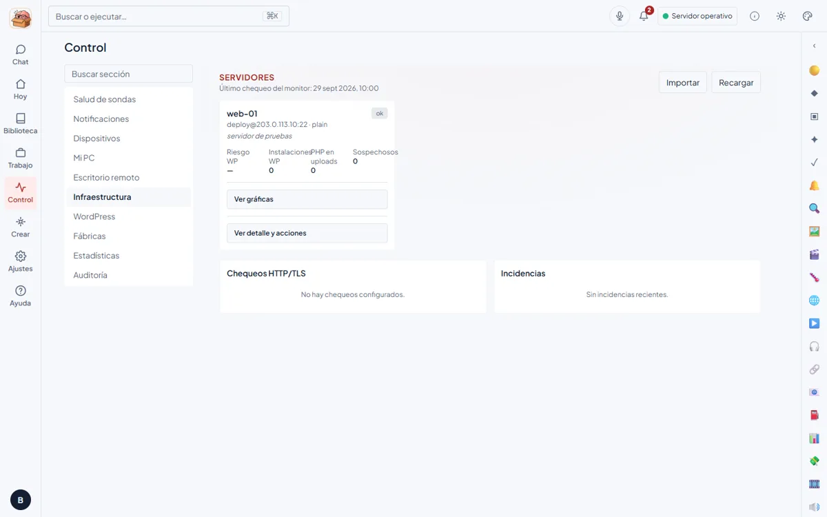 Panel de infraestructura con la tarjeta de un servidor de pruebas, sus métricas de WordPress, los chequeos HTTP y TLS y las incidencias recientes